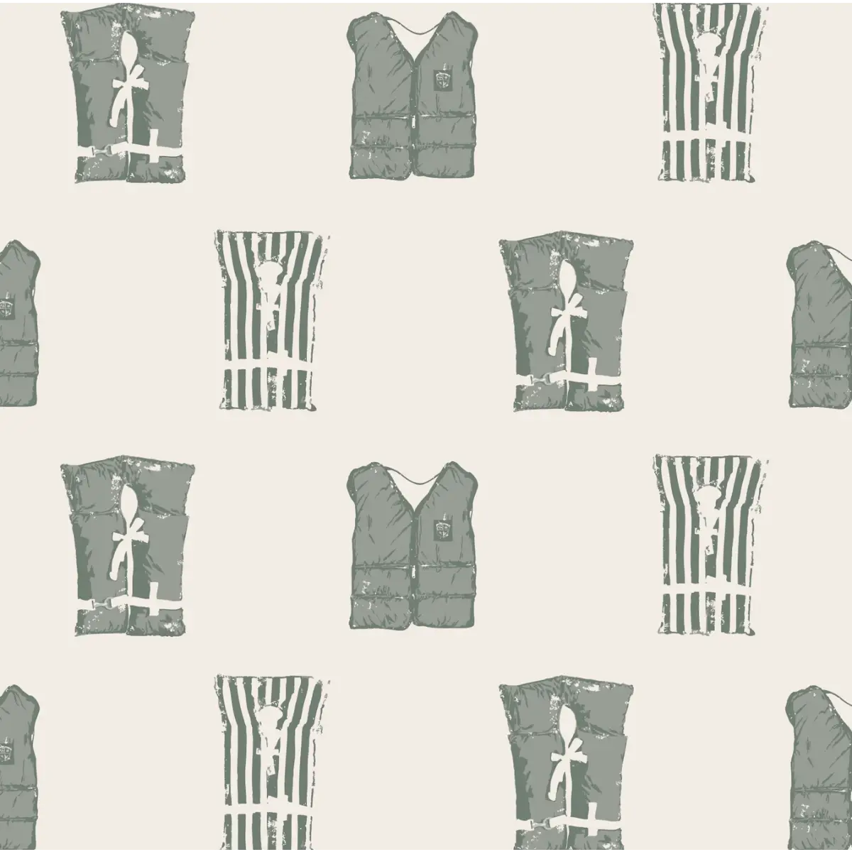 Ray Wallpaper - Boating Life Jackets - Coastal Decor - by Kim Hallquist Designs - Sample 1 foot by 1 foot / Green