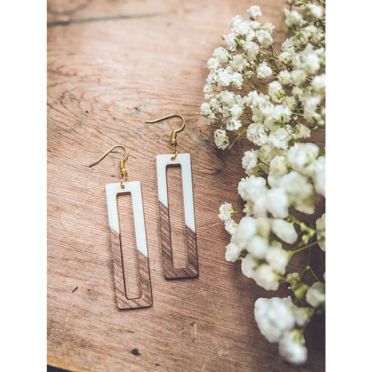 White Resin and Wood Rectangle Earrings - Rooted Home Goods