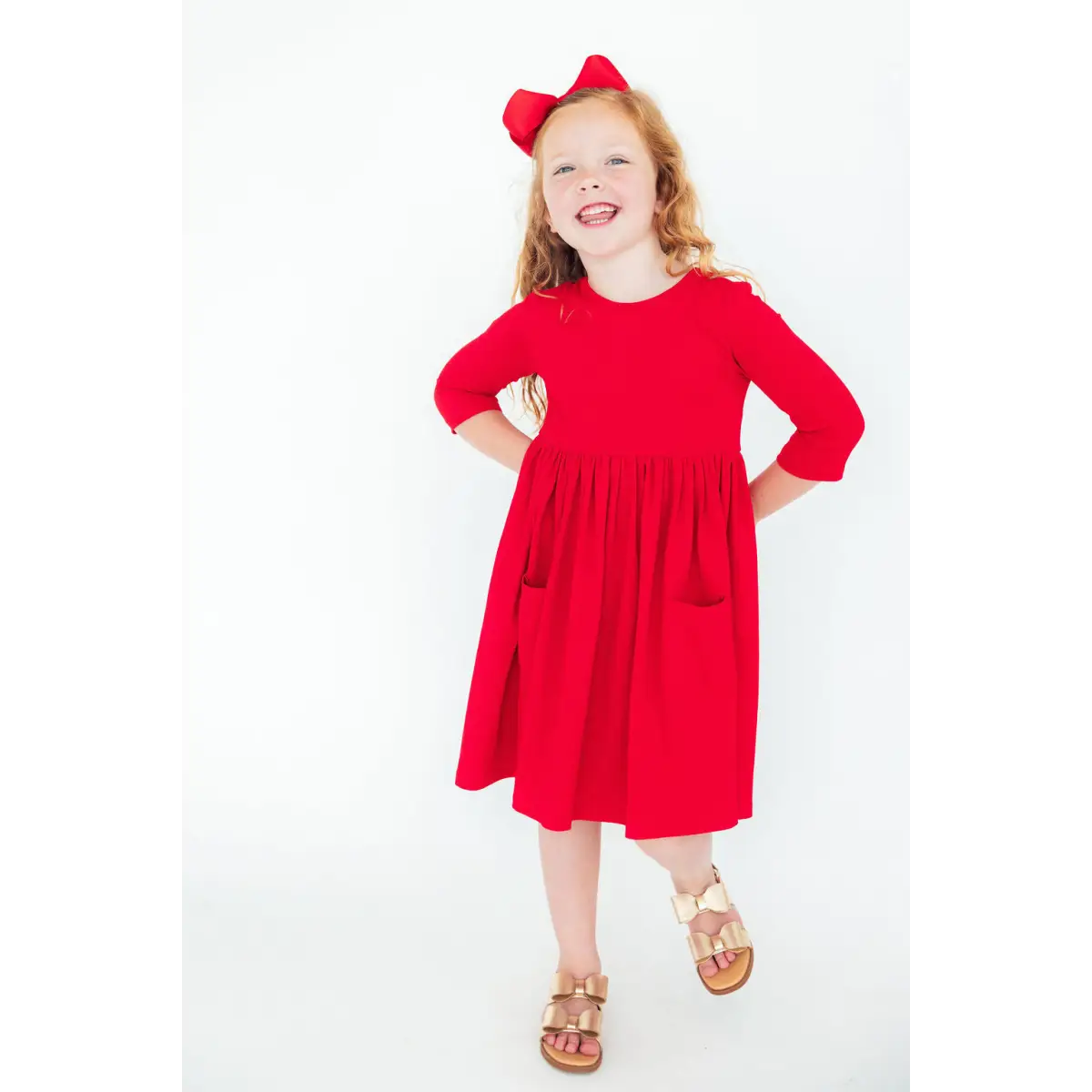 Red 3/4 Sleeve Pocket Twirl Dress - Mila & Rose ®