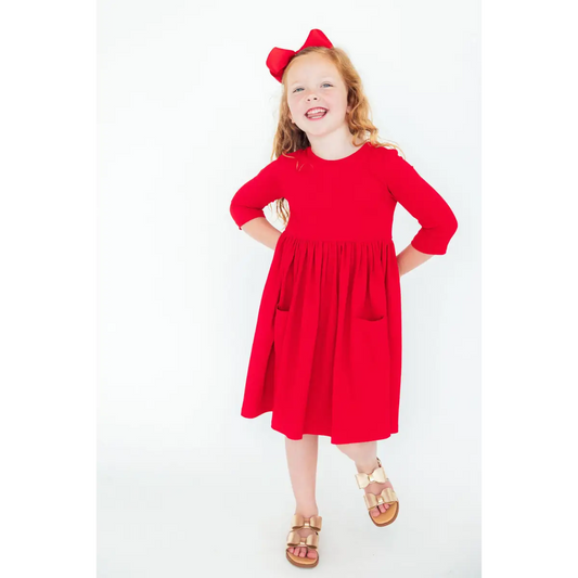 Red 3/4 Sleeve Pocket Twirl Dress - Mila & Rose ®