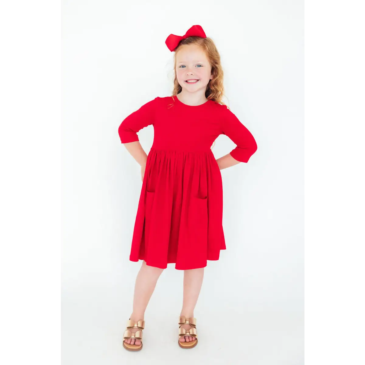 Red 3/4 Sleeve Pocket Twirl Dress - Mila & Rose ®