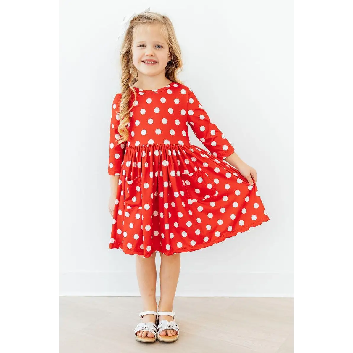 Pocket Twirl Dress - Red Polka Dots 3/4 Sleeve - Mila & Rose ®
