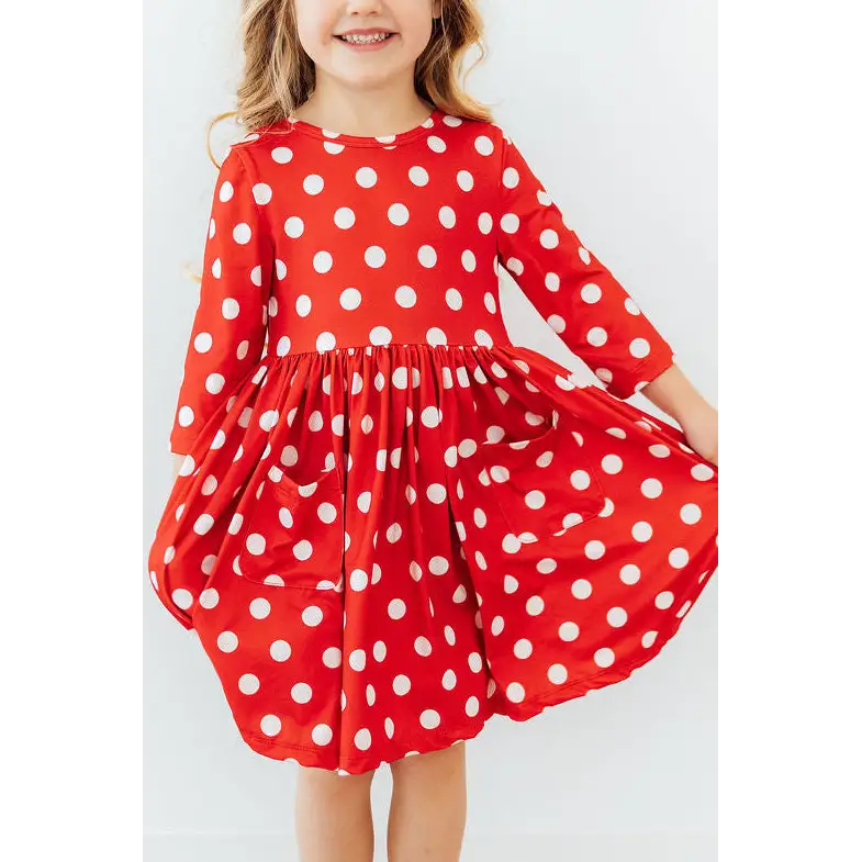 Pocket Twirl Dress - Red Polka Dots 3/4 Sleeve - Mila & Rose ®