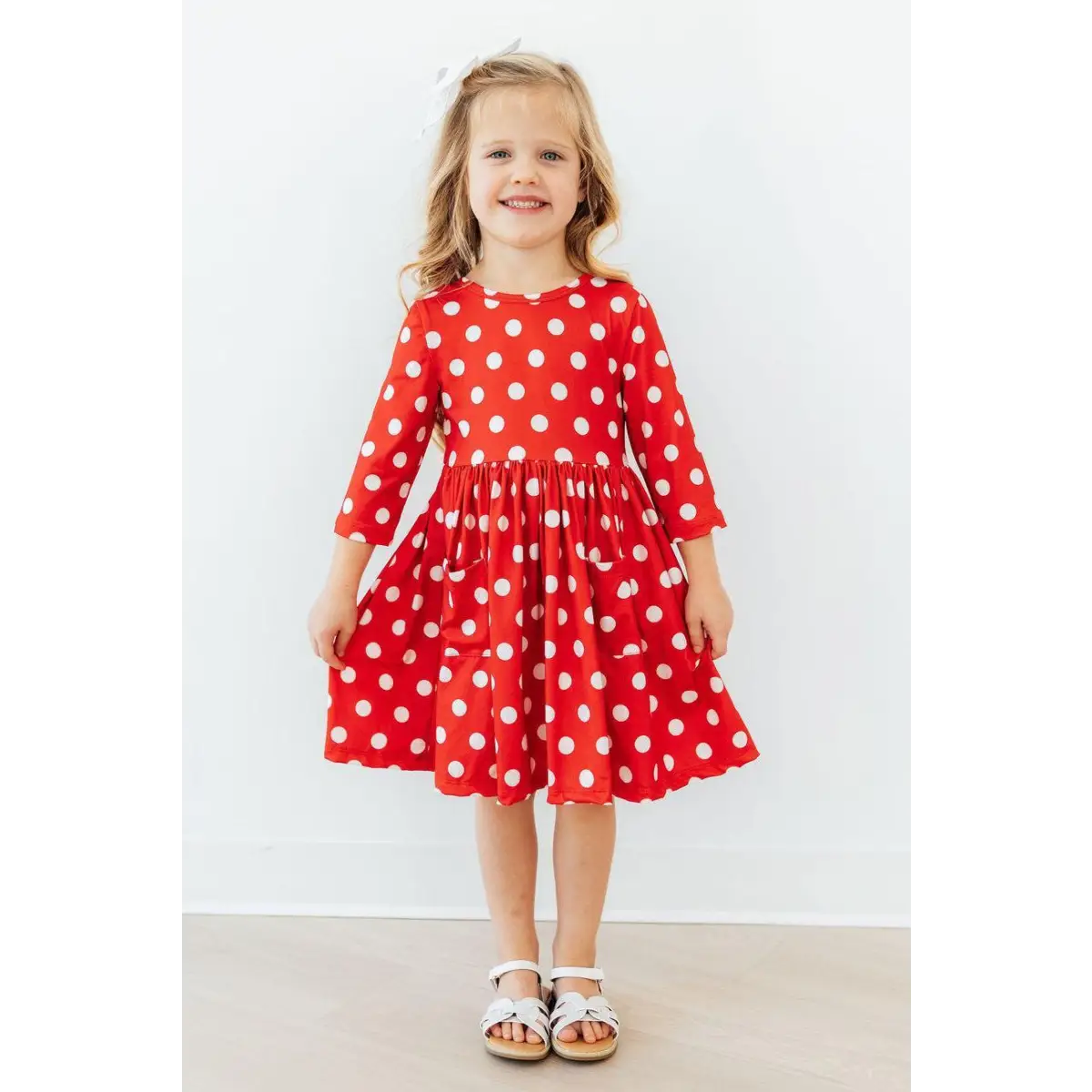 Pocket Twirl Dress - Red Polka Dots 3/4 Sleeve - Mila & Rose ®