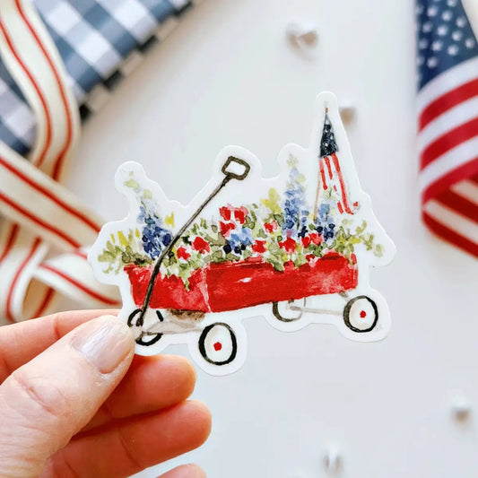 Red Wagon with US Flag Vinyl Sticker - emily lex studio