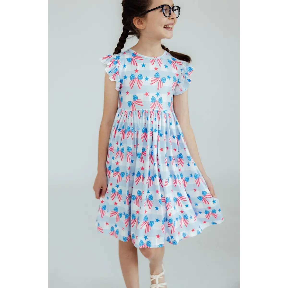 Red White & Bows Flutter Sleeve Twirl Dress - July 4th Patriotic - Mila & Rose ®
