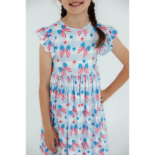 Red White & Bows Flutter Sleeve Twirl Dress - July 4th Patriotic - 6-12M - Mila & Rose ®