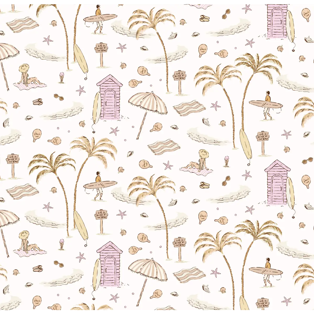 Reef Wallpaper - Beach Island Vacation - Line Drawings by Eva Catherina - Sample 1 foot by 1 foot / Pink - Loomwell