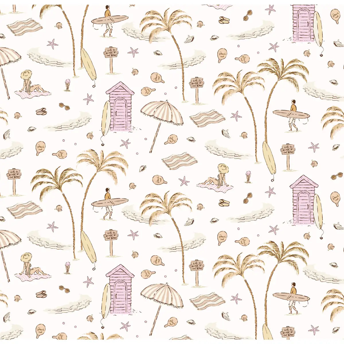 Reef Wallpaper - Beach Island Vacation - Line Drawings by Eva Catherina - Sample 1 foot by 1 foot / Pink - Loomwell