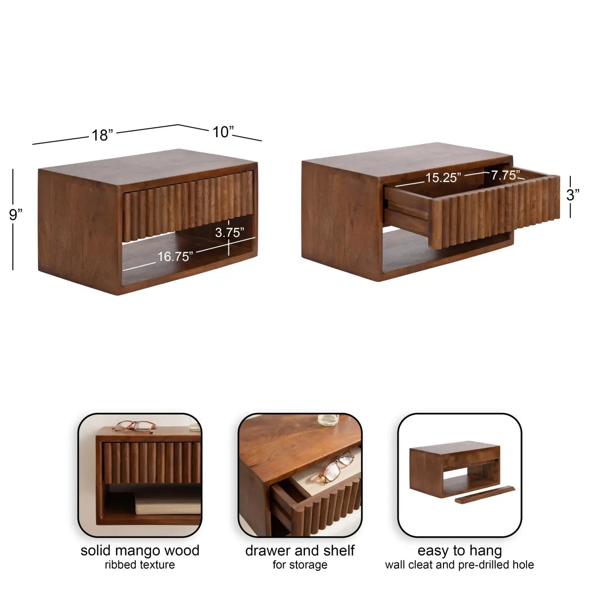Reid Floating Wood Side Table with Drawer - Wall Mount - kateandlaurel
