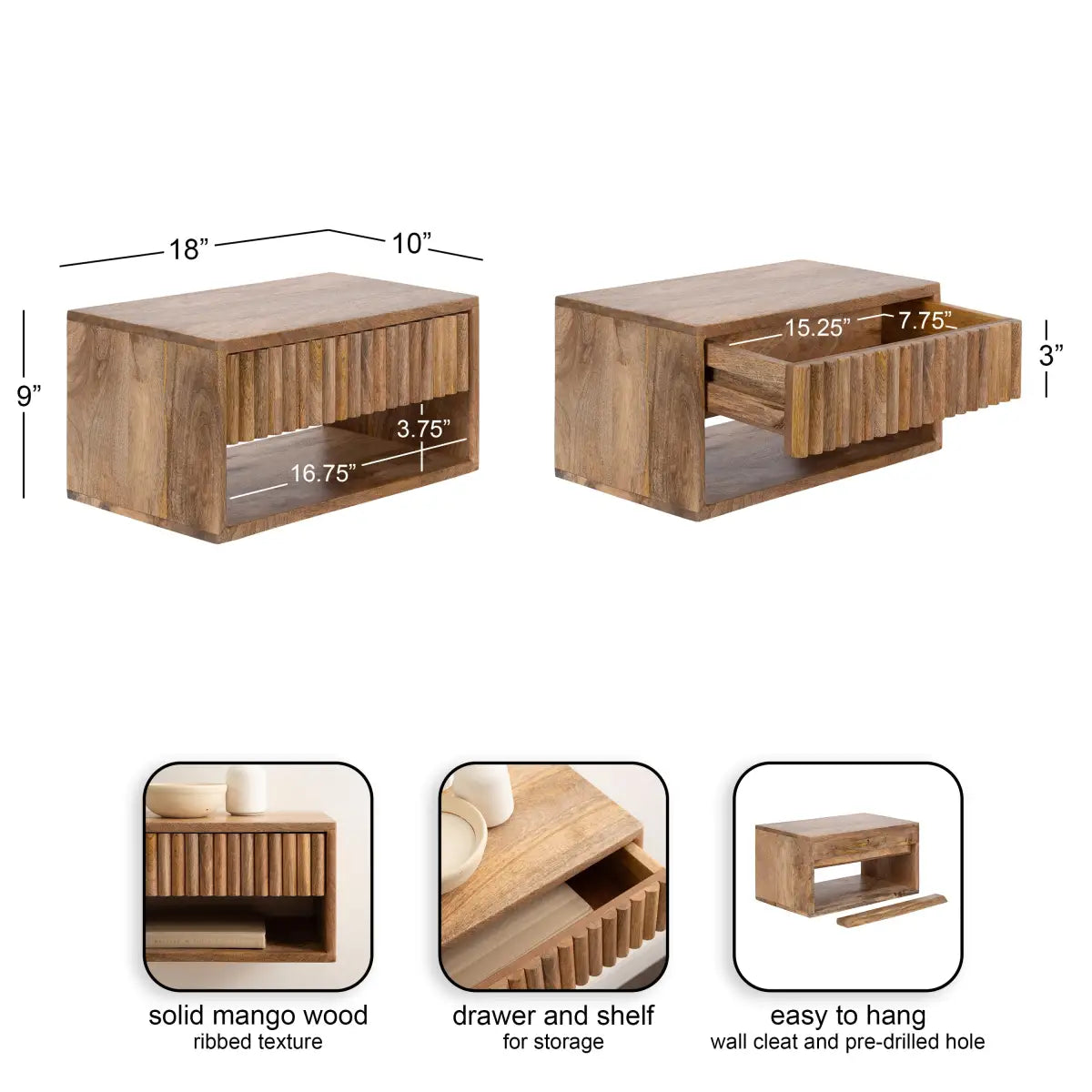 Reid Floating Wood Side Table with Drawer - Wall Mount - kateandlaurel