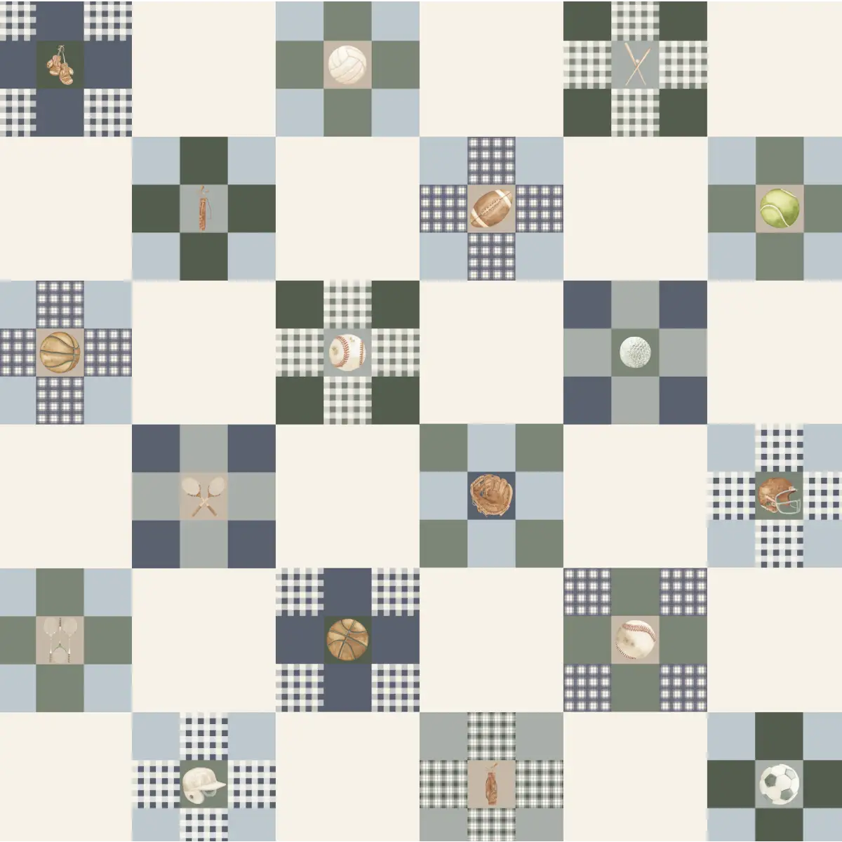 Rhett Wallpaper - Sports 9 Patch Quilt Blocks for Kids - by Hailey Kiefer Designs - Sample 1 foot by 1 foot / Blue