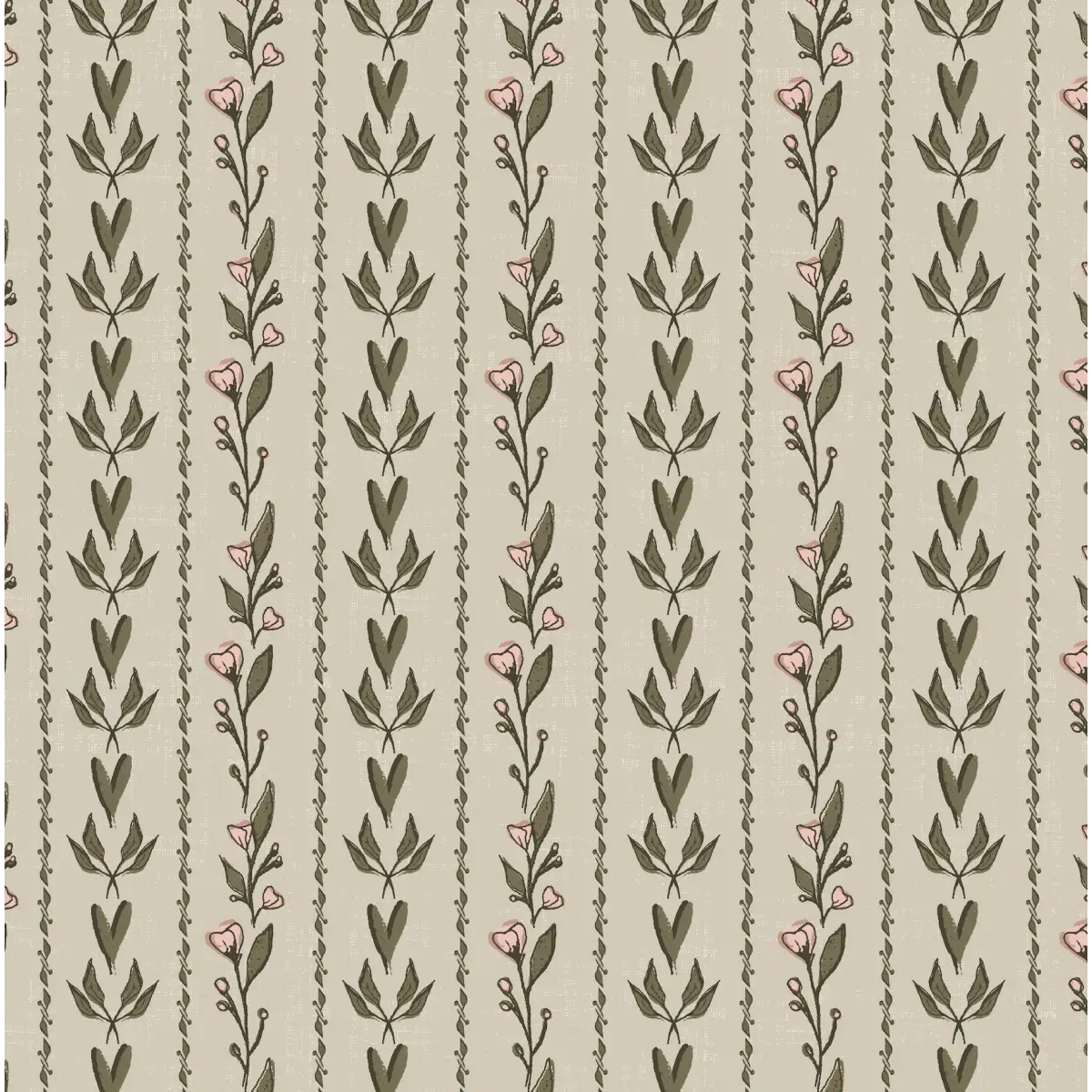 Rooney Wallpaper - Hearts and Branches - by Ana Goldar Design - Sample 1 foot by 1 foot / Green and Pink - Loomwell
