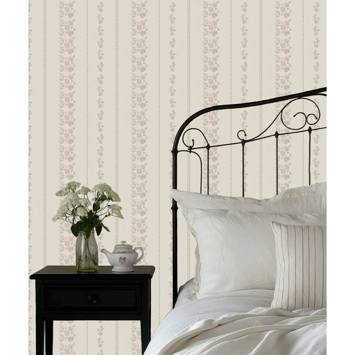 Roselle Stripe Wallpaper - Roses Cottage Stripe - by Safari Natalia x Taddy Mikelaites - Loomwell Home Goods
