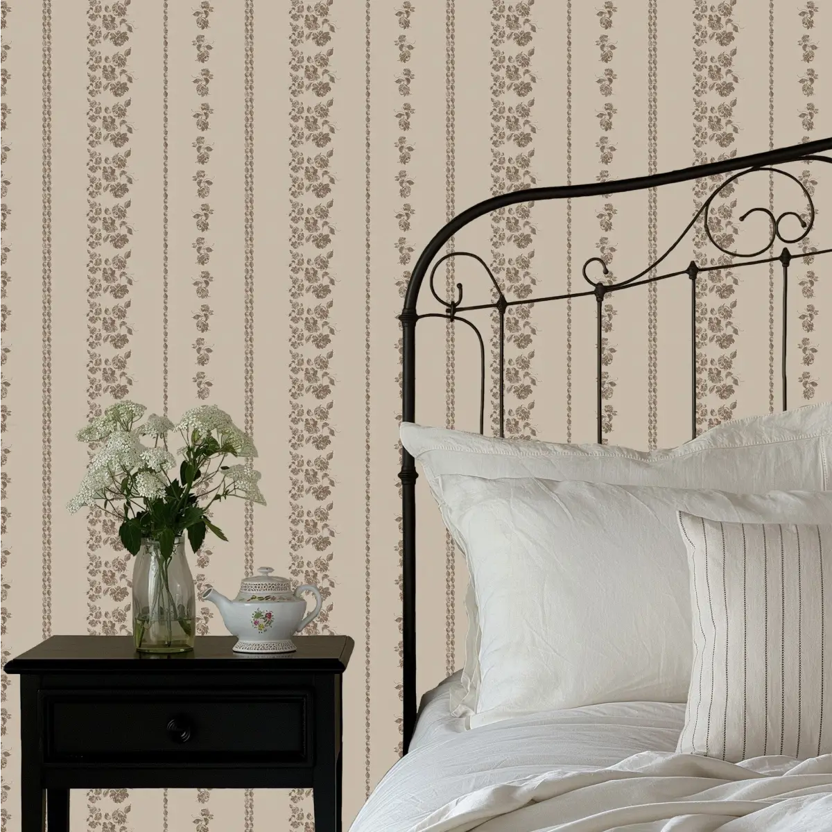 Roselle Stripe Wallpaper - Roses Cottage Stripe - by Safari Natalia x Taddy Mikelaites - Loomwell Home Goods