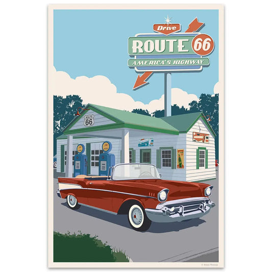 Route 66 Classic Car - Large Vinyl Sticker - RetroPlanet