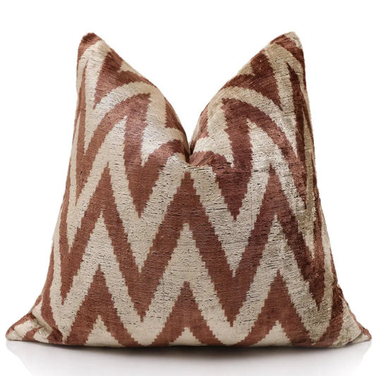 Rust & Cream Chevron Ikat Silk Velvet Pillow - 20’’ x 20’’ - Canvello
