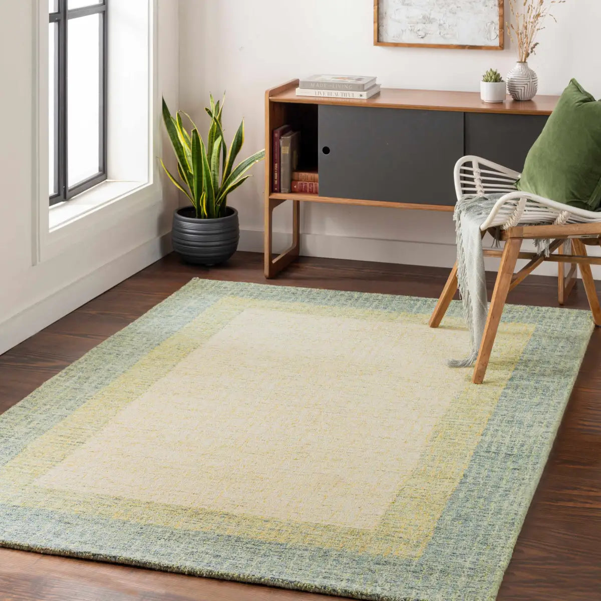Sage Green Bordered Wool Rug - Boutique Rugs