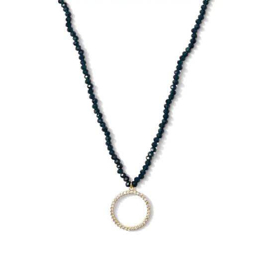 Navy Beaded Necklace with Open Pave CZ Circle - Splendid Iris