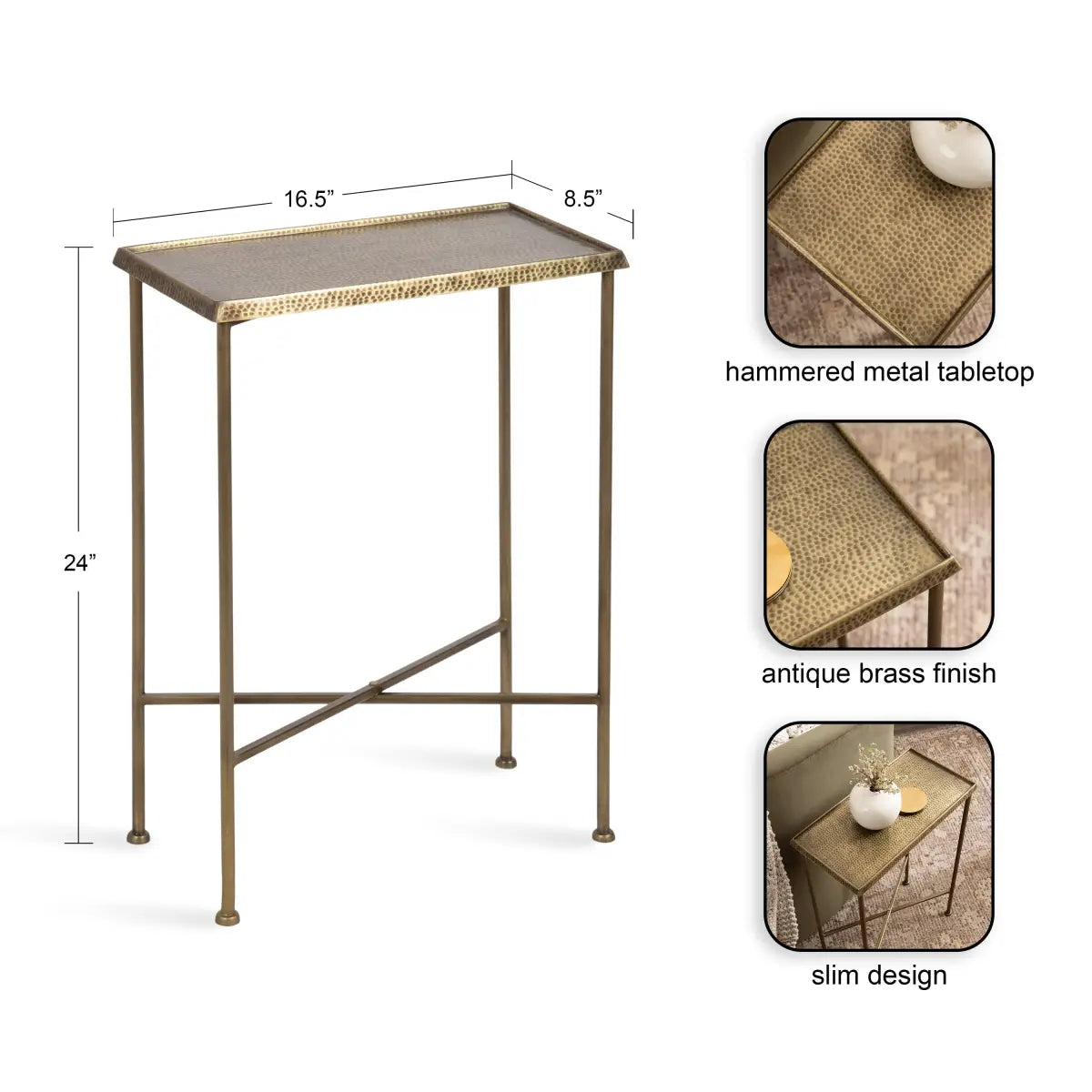 Sanzo Hammered Metal Slim Side Table - kateandlaurel