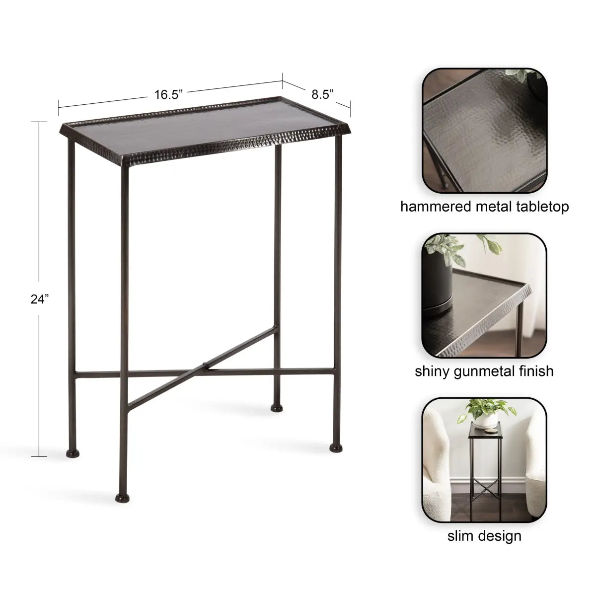 Sanzo Hammered Metal Slim Side Table - kateandlaurel
