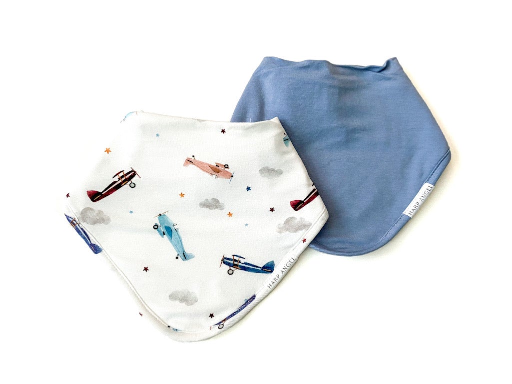 Scarf Baby Bib Set - Vintage Airplane / Dusty Blue - Harp Angel Boutique