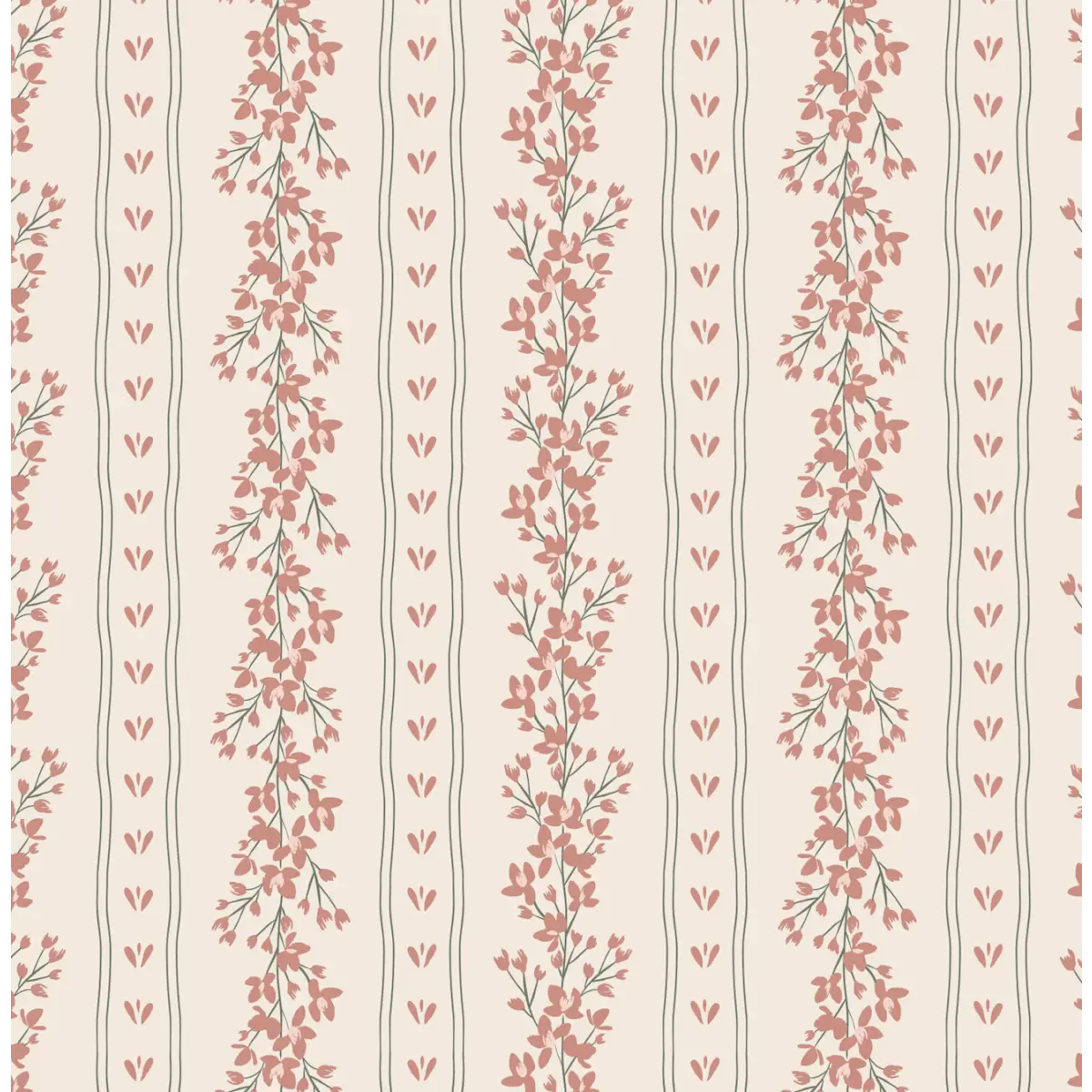 Scottie Wallpaper - Natural Floral Stripe - by Hearten Design - Sample 1 foot by 1 foot / Cream and Pink - Loomwell