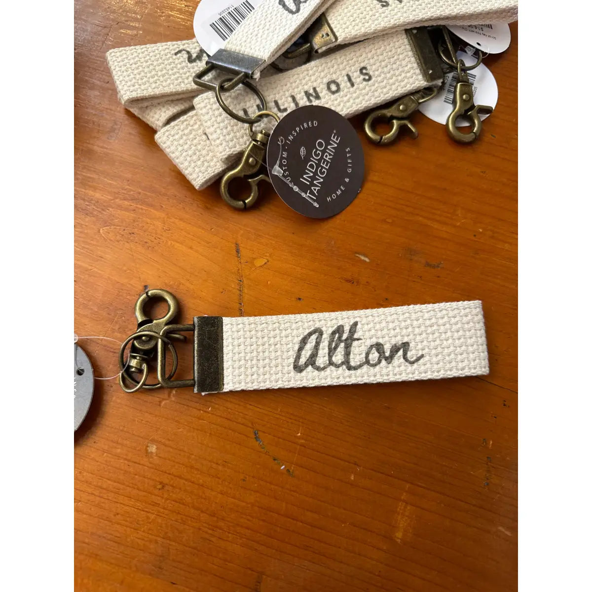 Script Key Fob with Clip - Alton Illinois - Indigo Tangerine