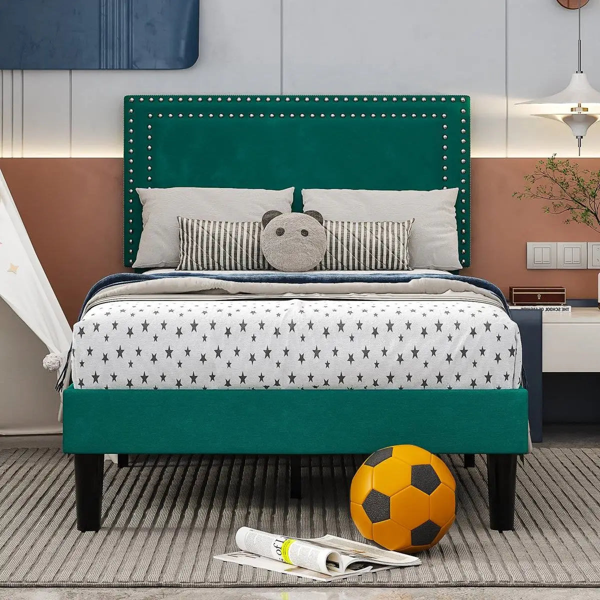 Set of 2 - Twin size Dark Green Upholstered Platform Bed Frame with Headboard - HomePacific