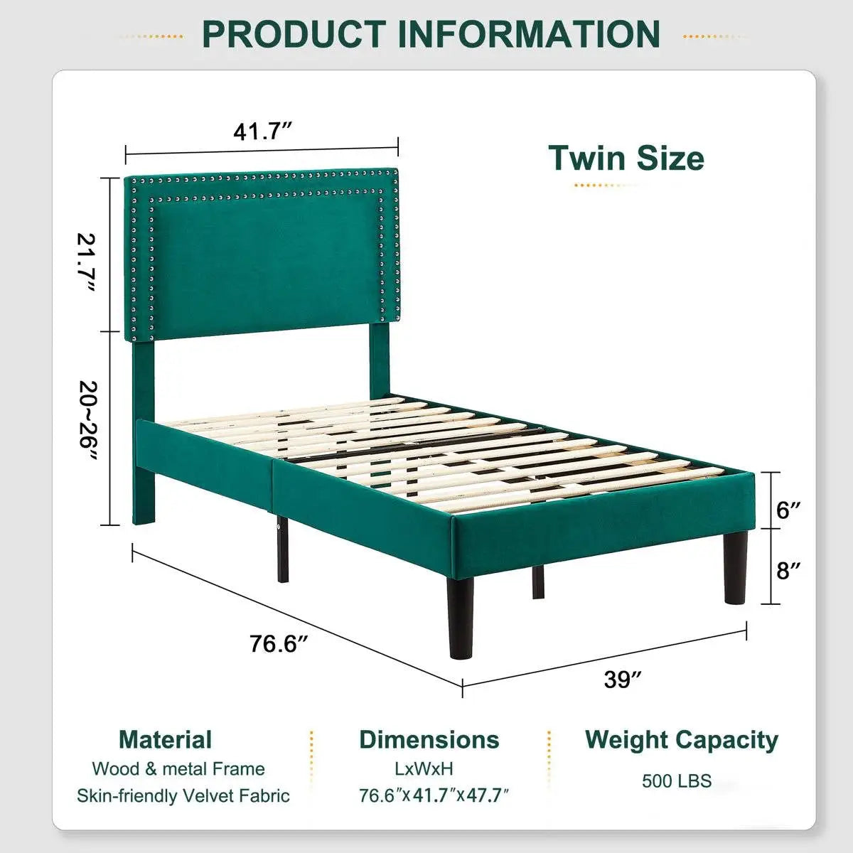 Set of 2 - Twin size Dark Green Upholstered Platform Bed Frame with Headboard - HomePacific