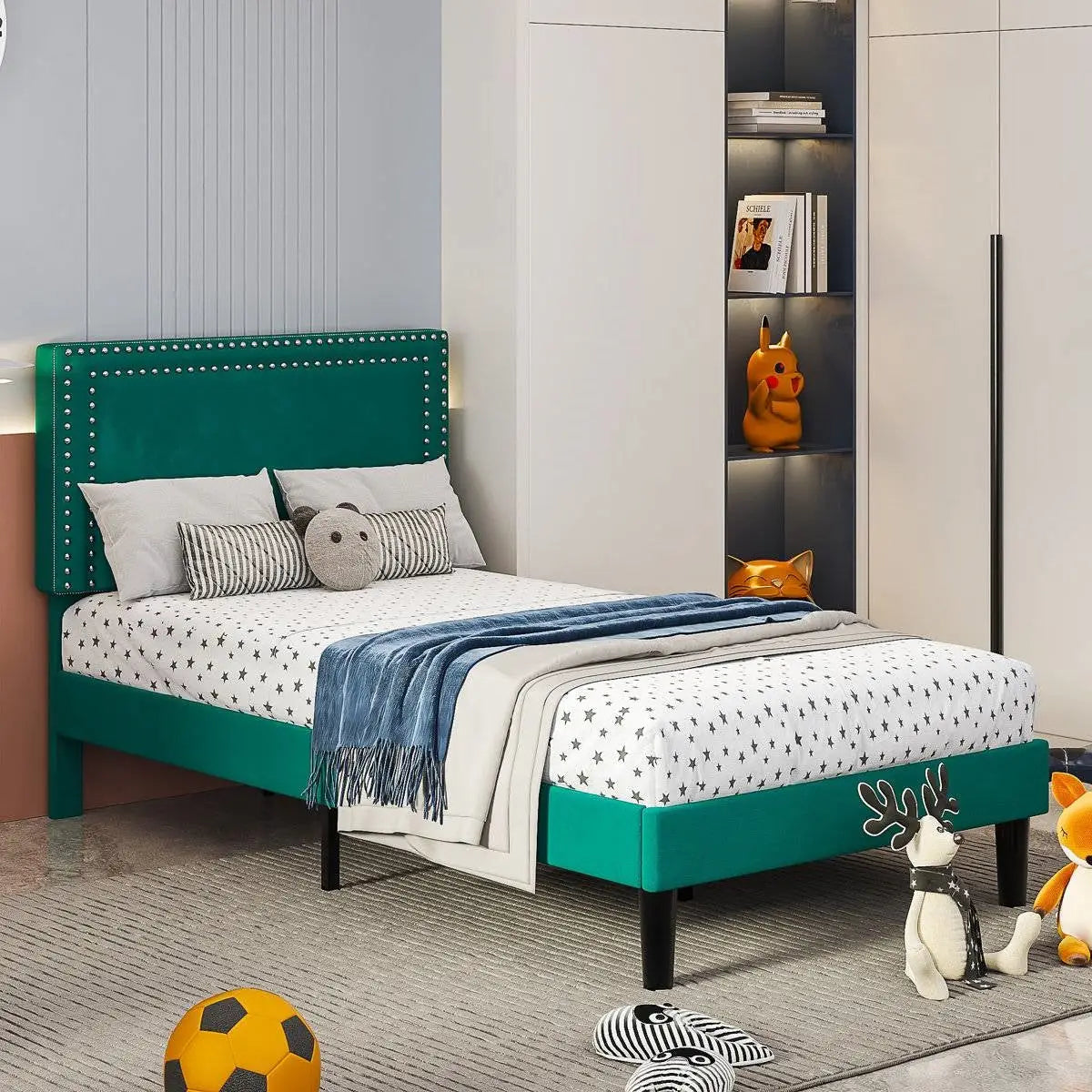 Set of 2 - Twin size Dark Green Upholstered Platform Bed Frame with Headboard - HomePacific