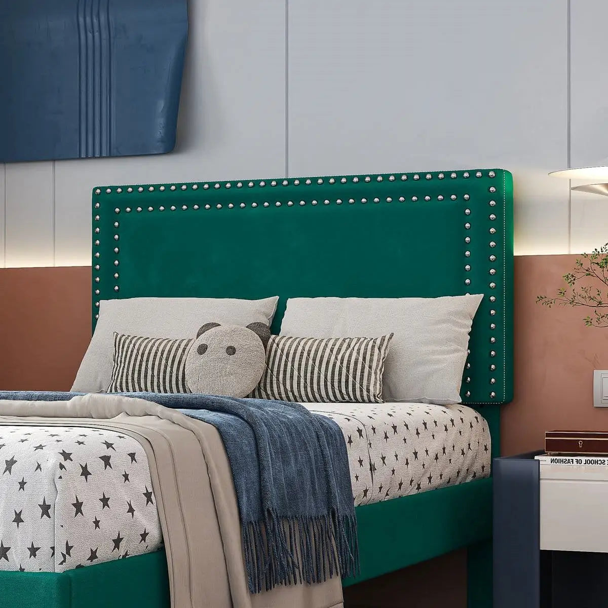 Set of 2 - Twin size Dark Green Upholstered Platform Bed Frame with Headboard - HomePacific