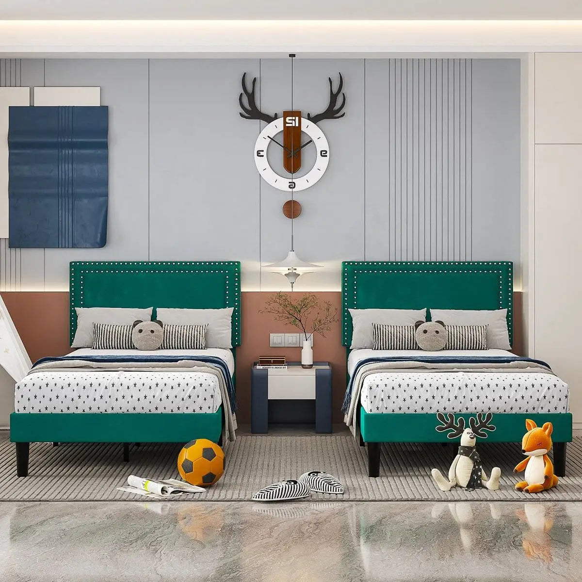 Set of 2 - Twin size Dark Green Upholstered Platform Bed Frame with Headboard - HomePacific