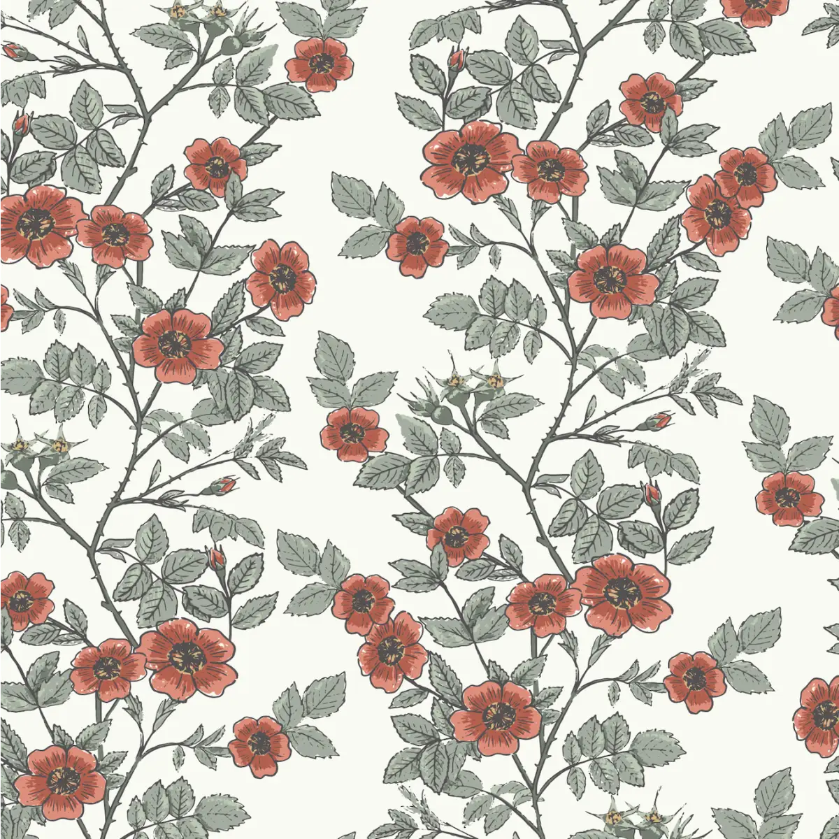 Shia Wallpaper - Watercolor Wild Roses - by Lisee Ree Designs - Sample 1 foot by 1 foot / Red - Loomwell Home Goods