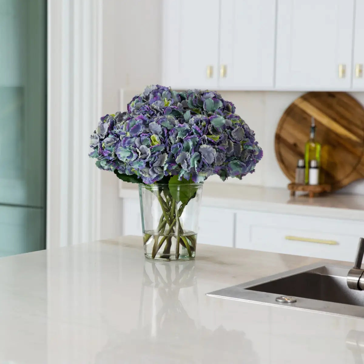 Signature Collection 18” Blooming Hydrangea Artificial Arrangement in Glass Vase - Nearly Natural