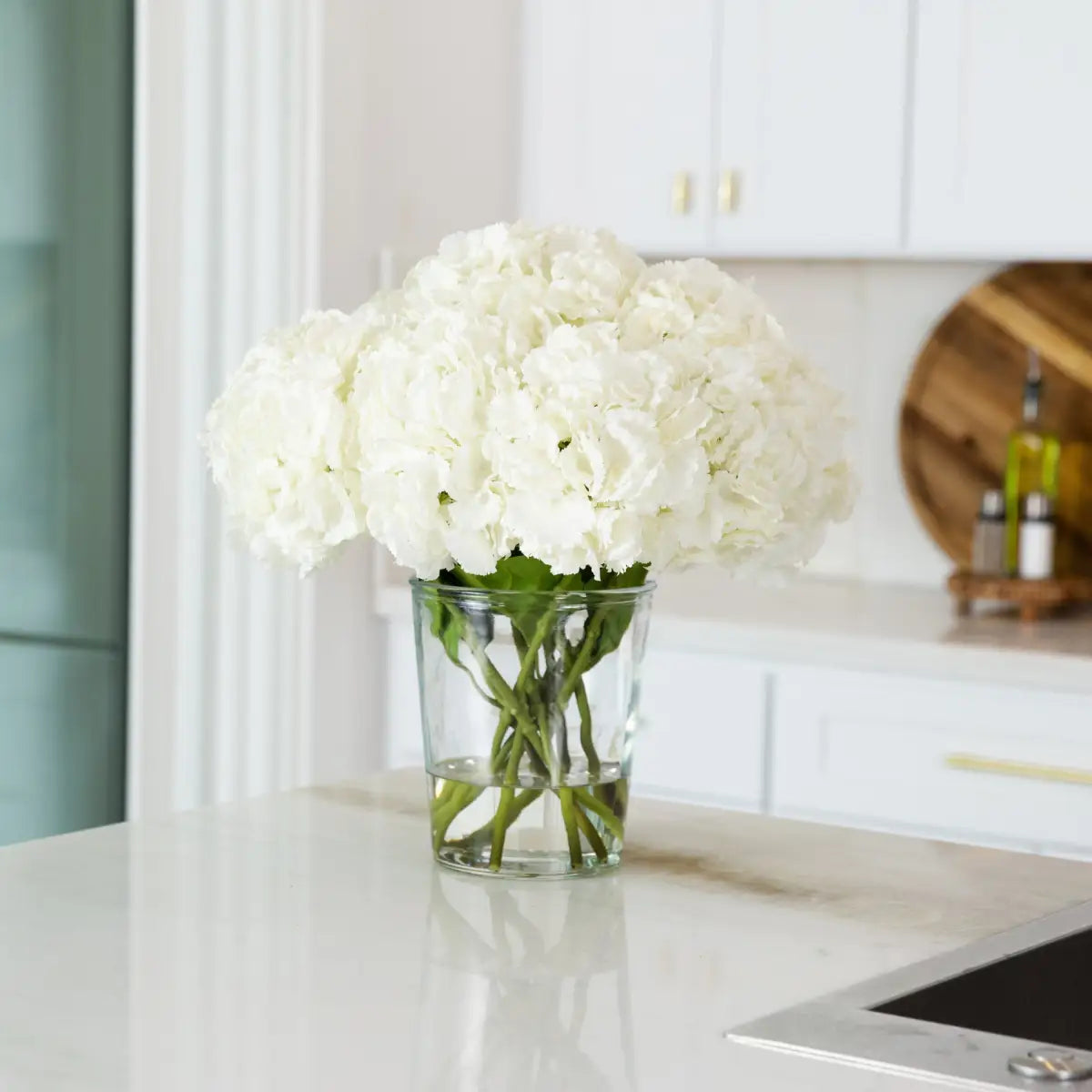 Signature Collection 18” Blooming Hydrangea Artificial Arrangement in Glass Vase - Nearly Natural