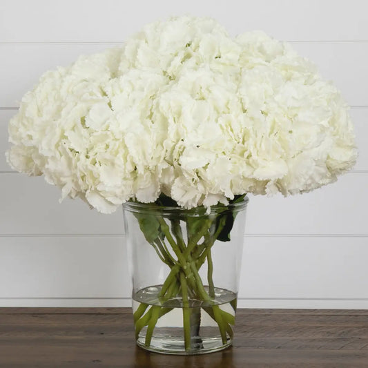 Signature Collection 18” Blooming Hydrangea Artificial Arrangement in Glass Vase - White - Nearly Natural