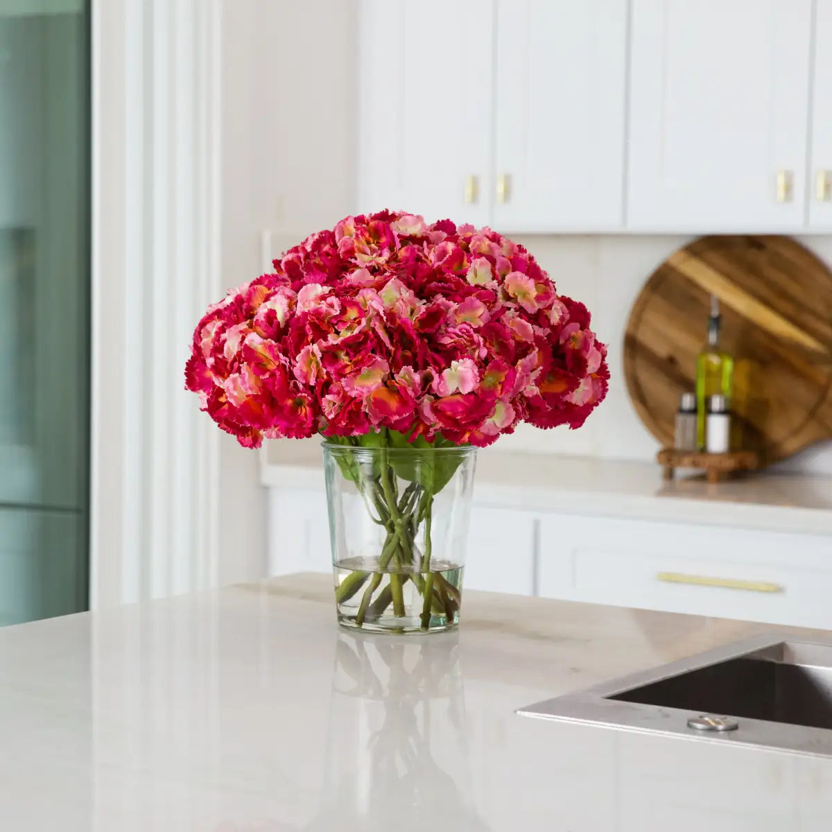 Signature Collection 18” Blooming Hydrangea Artificial Arrangement in Glass Vase - Nearly Natural