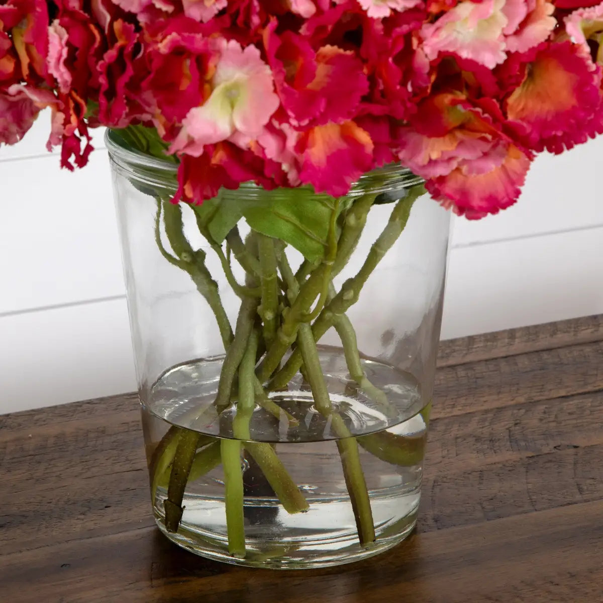 Signature Collection 18” Blooming Hydrangea Artificial Arrangement in Glass Vase - Nearly Natural