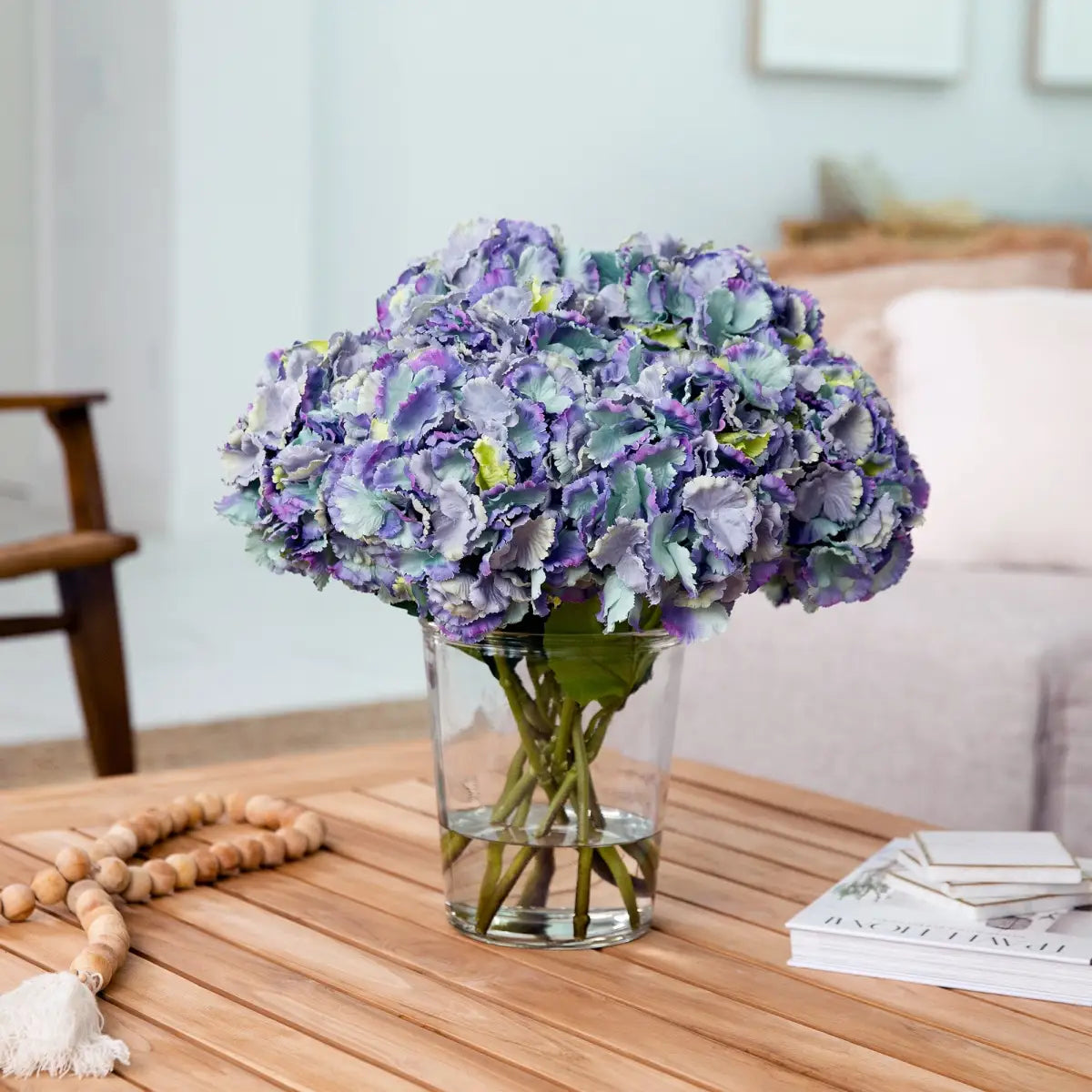 Signature Collection 18” Blooming Hydrangea Artificial Arrangement in Glass Vase - Nearly Natural