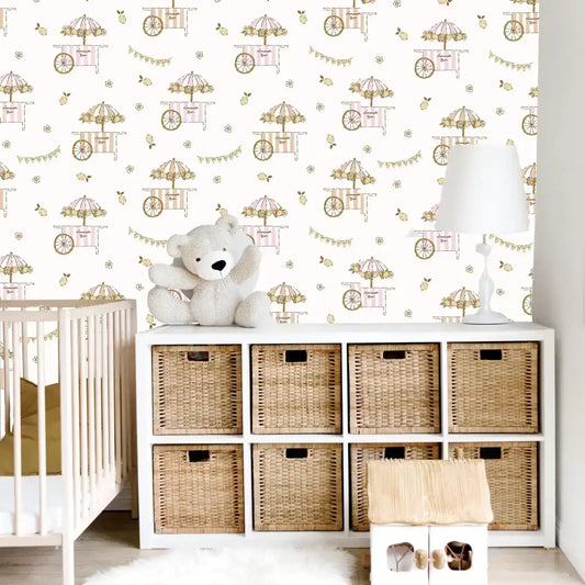 Sip Lemons Cart Wallpaper - Lemonade Stand - by Eva Catherina - Loomwell Home Goods