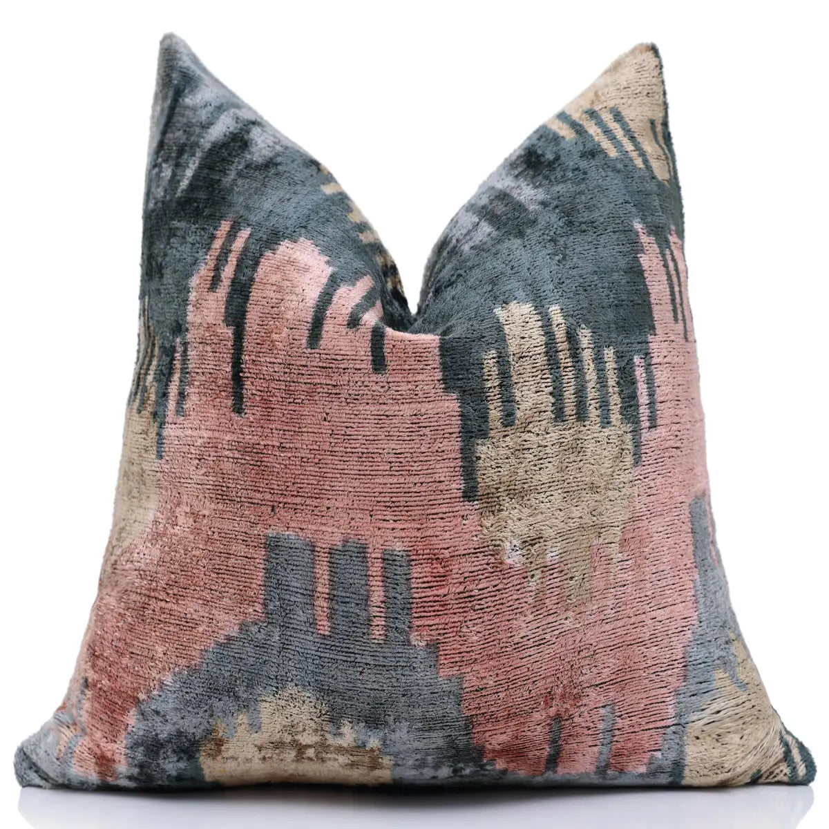 Slate Blue & Dusty Rose Ikat Velvet Pillow 20x20 in - Designer Throw Cushion - Canvello