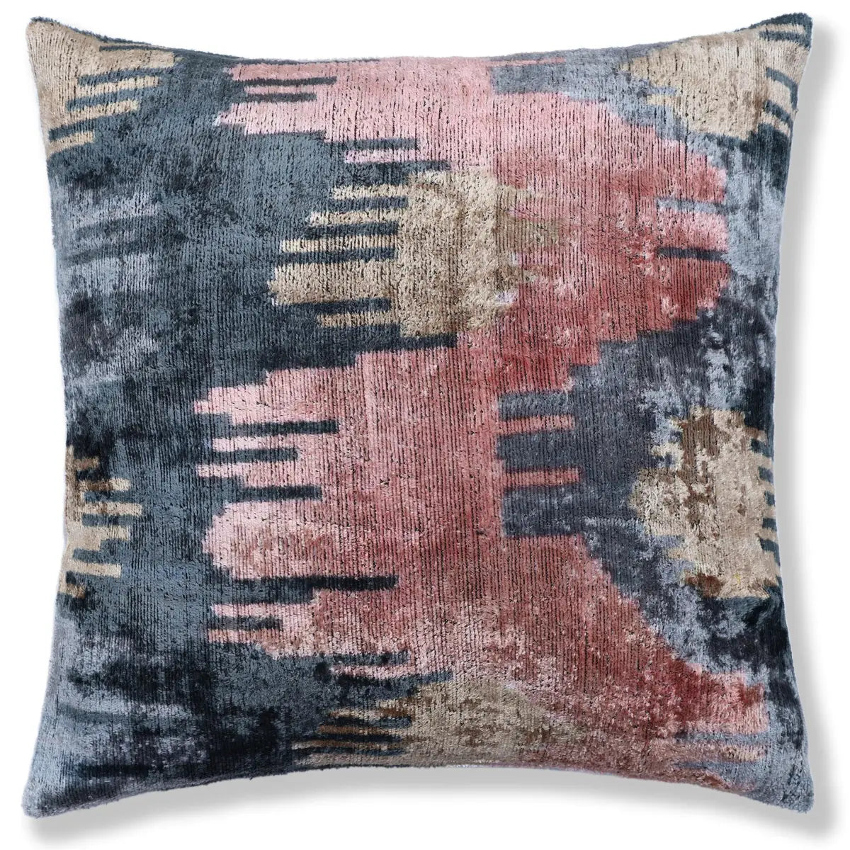Slate Blue & Dusty Rose Ikat Velvet Pillow 20x20 in - Designer Throw Cushion - Canvello