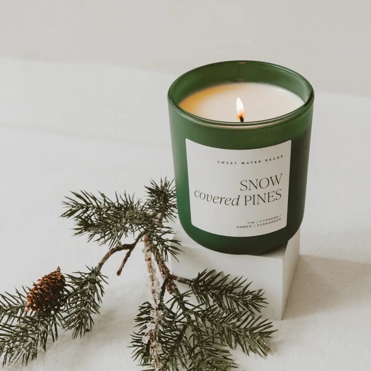 Snow Covered Pines Soy Candle - Green Matte Jar - 15 oz (Fraser Fir) - Sweet Water Decor
