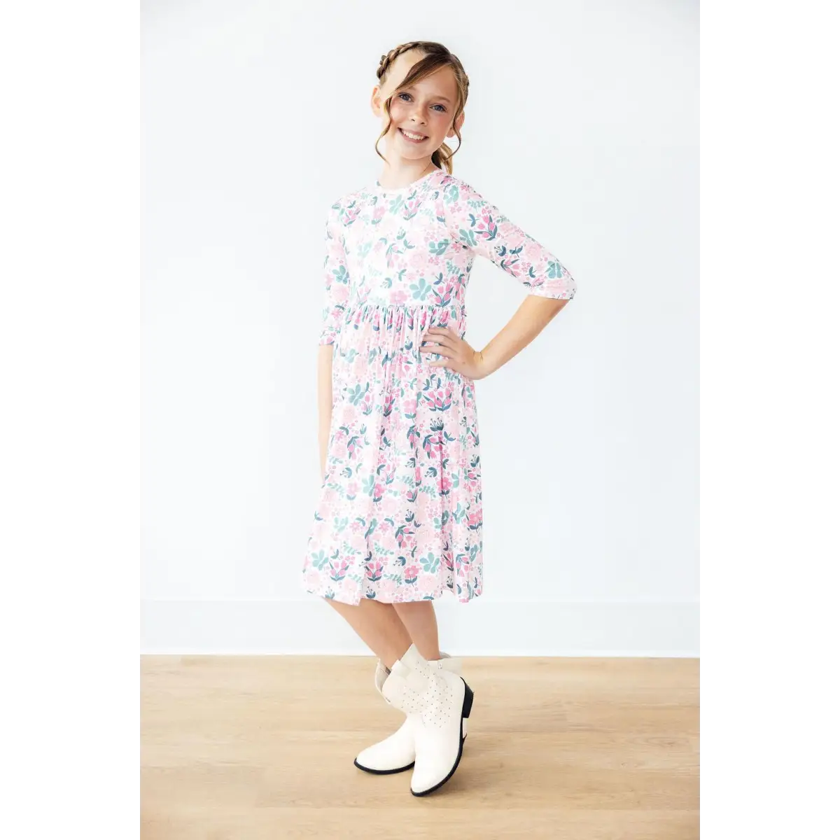 Softly Blooming 3/4 Sleeve Pocket Twirl Dress - Mila & Rose ®