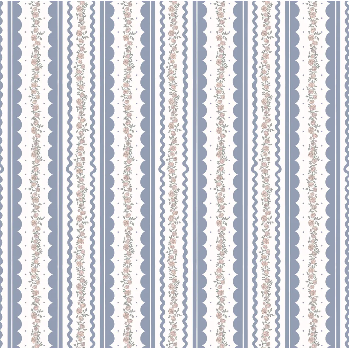 Solana Wallpaper - Floral Cottage Stripe - by Painted Hawk Design - Sample 1 foot by 1 foot / White and Blue - Loomwell