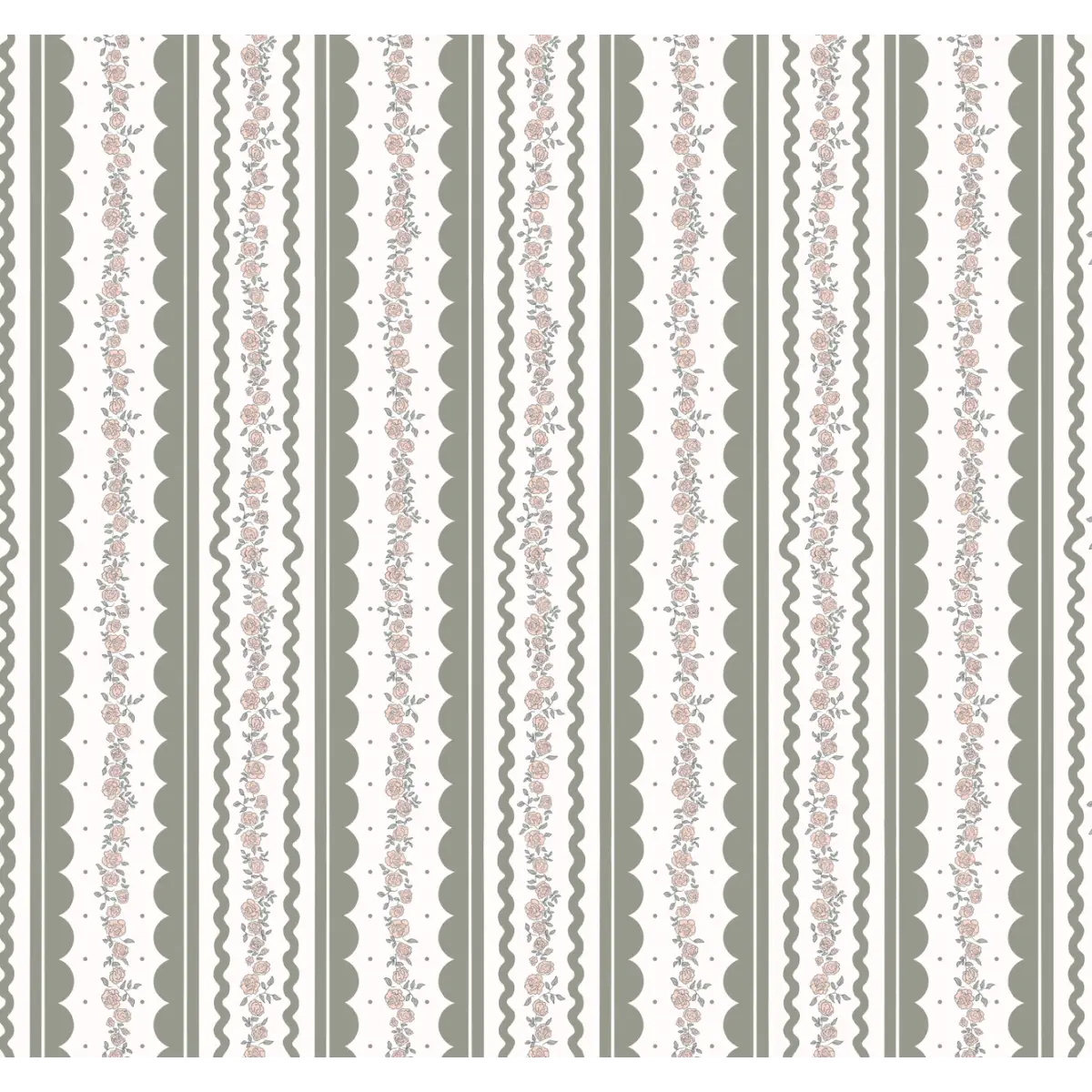 Solana Wallpaper - Floral Cottage Stripe - by Painted Hawk Design - Sample 1 foot by 1 foot / White and Green