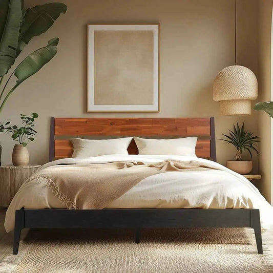 Solid Wood Bed Frame - Acacia Callisto Deluxe - Superior Comfort and Style - Black Ristretto / Queen - Megsu