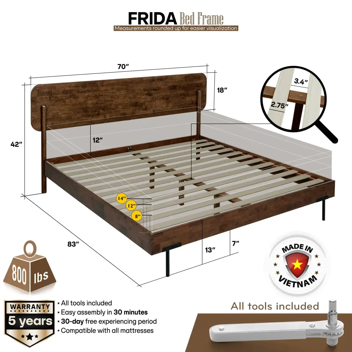 Solid Wood Bed Frame - Frida Deluxe - Quality Craftsmanship and Timeless Elegance - Megsu