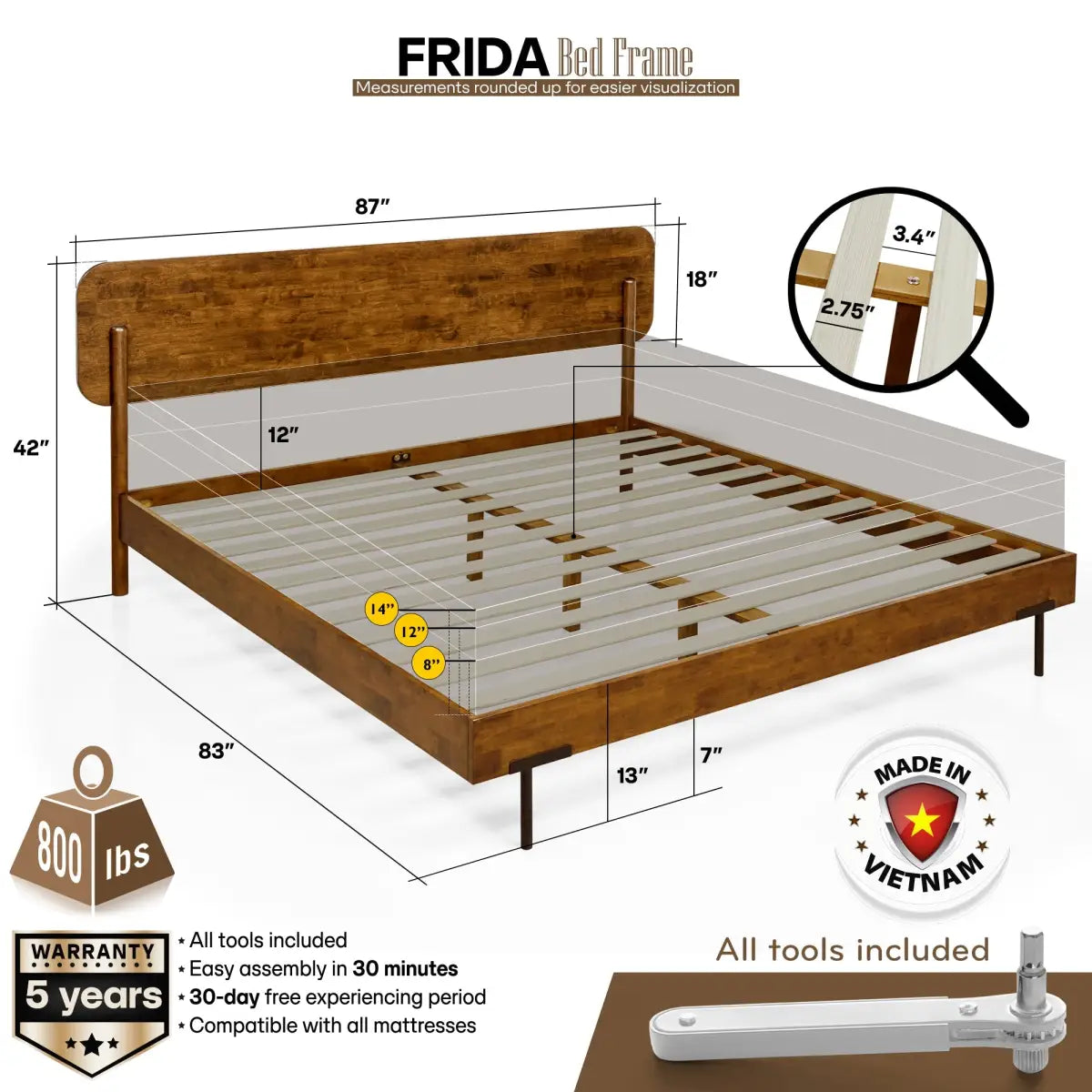 Solid Wood Bed Frame - Frida Deluxe - Quality Craftsmanship and Timeless Elegance - Megsu